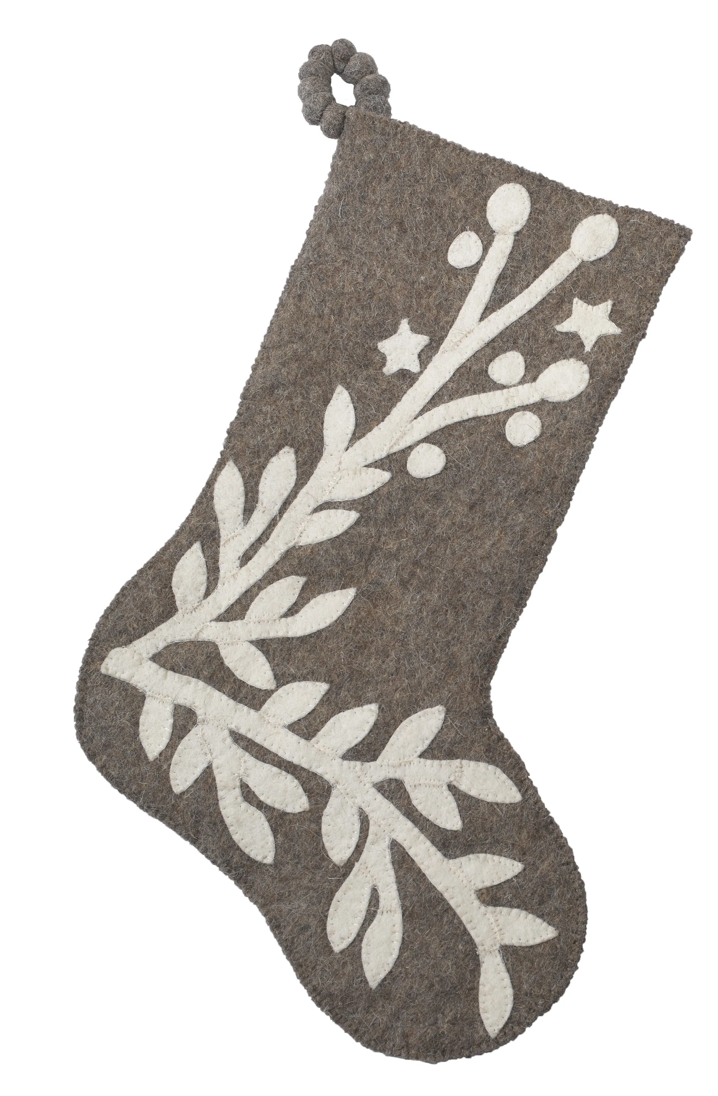 Hand Felted Wool Christmas Stocking – Stars and Branch on Gray