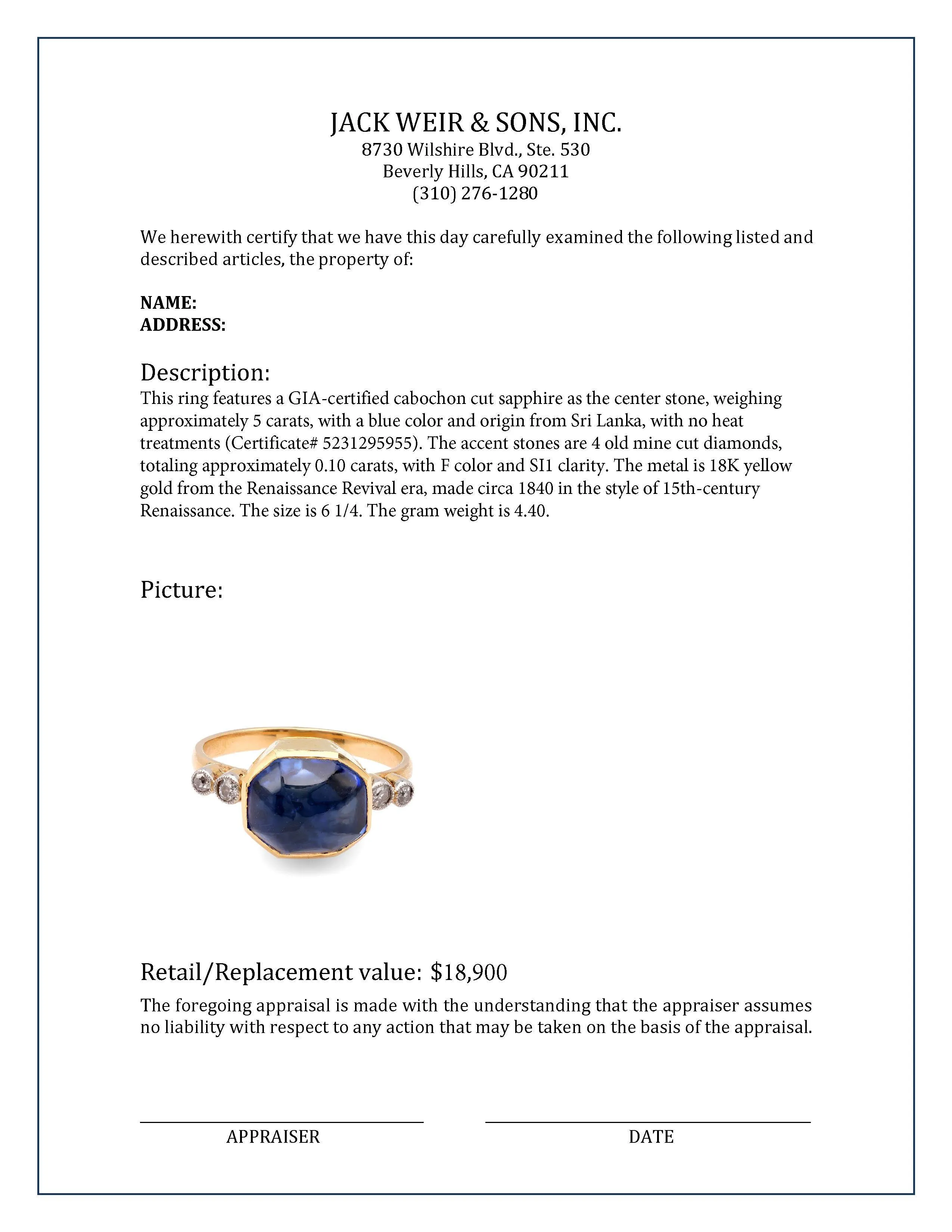 Renaissance Revival GIA Sapphire Diamond 18K Yellow Gold Ring